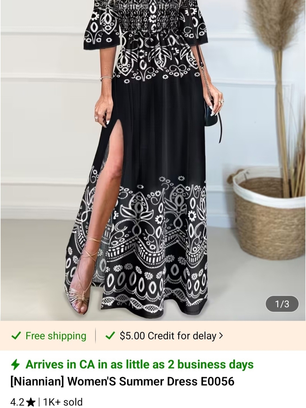 Black Maxi Dress with White Paisley Print and Side Slit